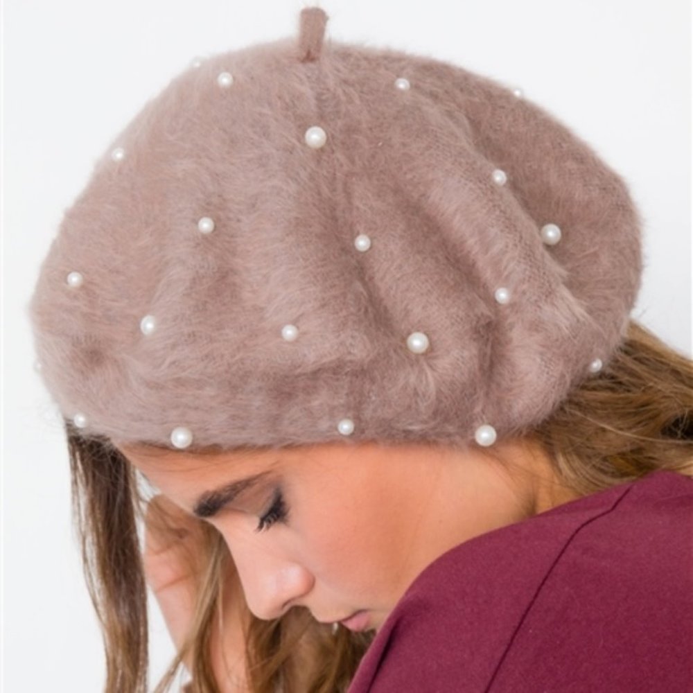 Pearl Detail Fuzzy Beret - Mocha - Picture 2 of 2